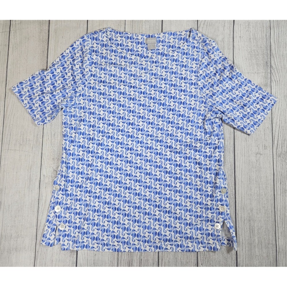 Chico's‎ Top Womens Size Large Blue White Seahorse Print Pima Cotton Tee